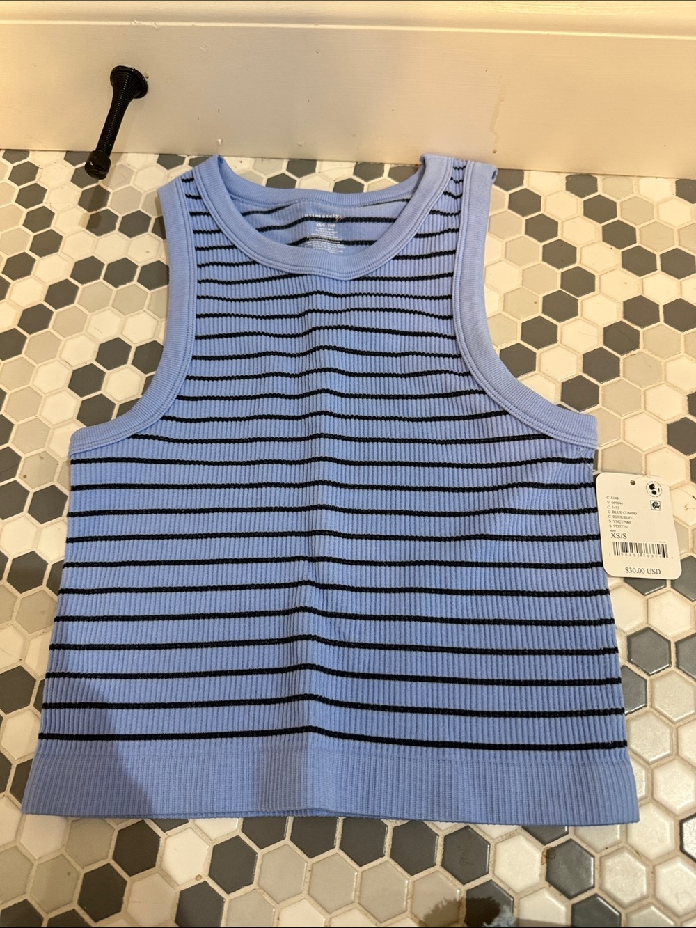 Women’s Ribbed Light Blue & Black Striped Tank Top